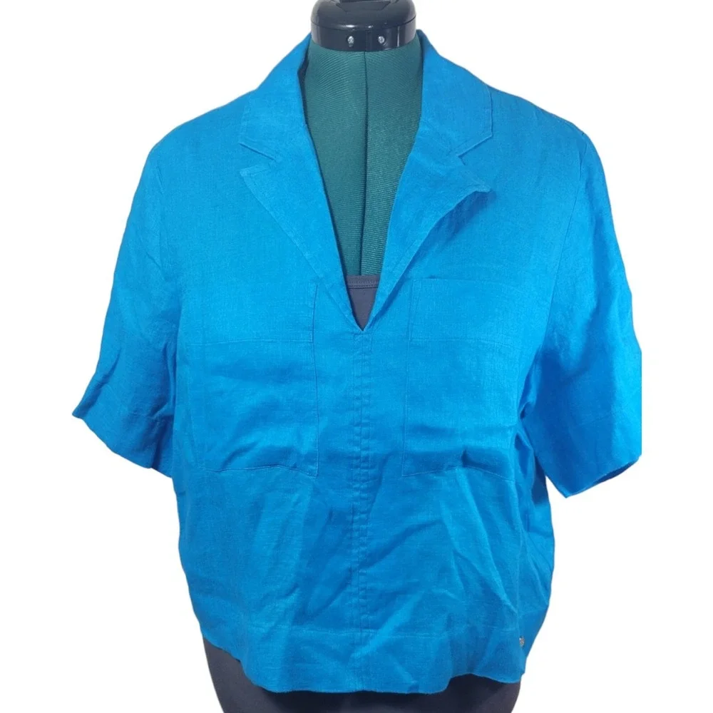 Marc New York Jeans Linen Top Women L Blue Short Sleeve Boxy Coastal Boho